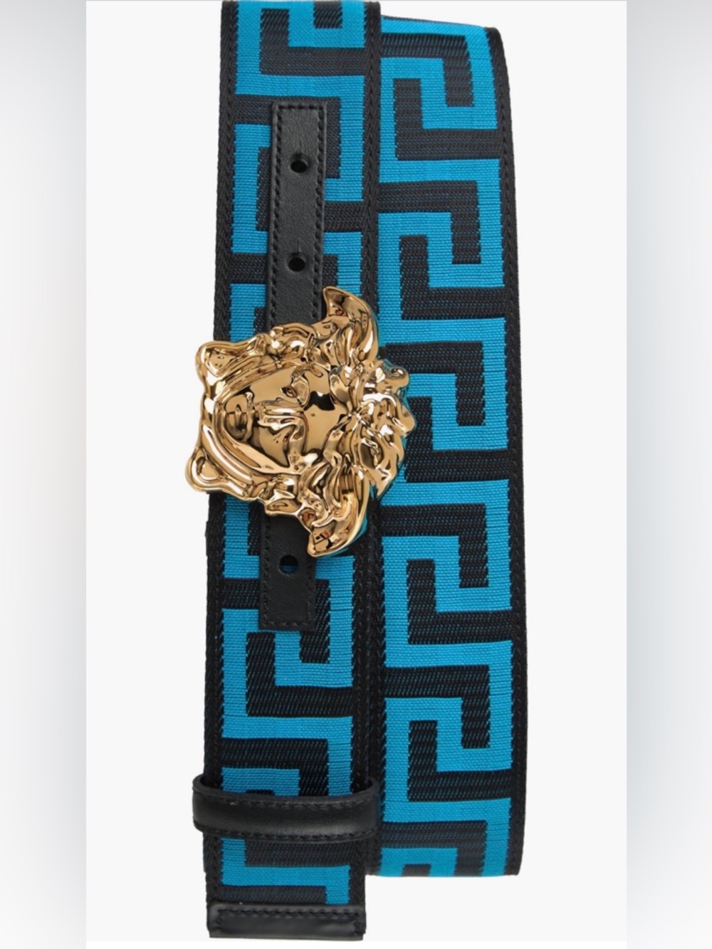 Versace Gold Medusa Buckle Black & Blue Geometric Webbing Belt